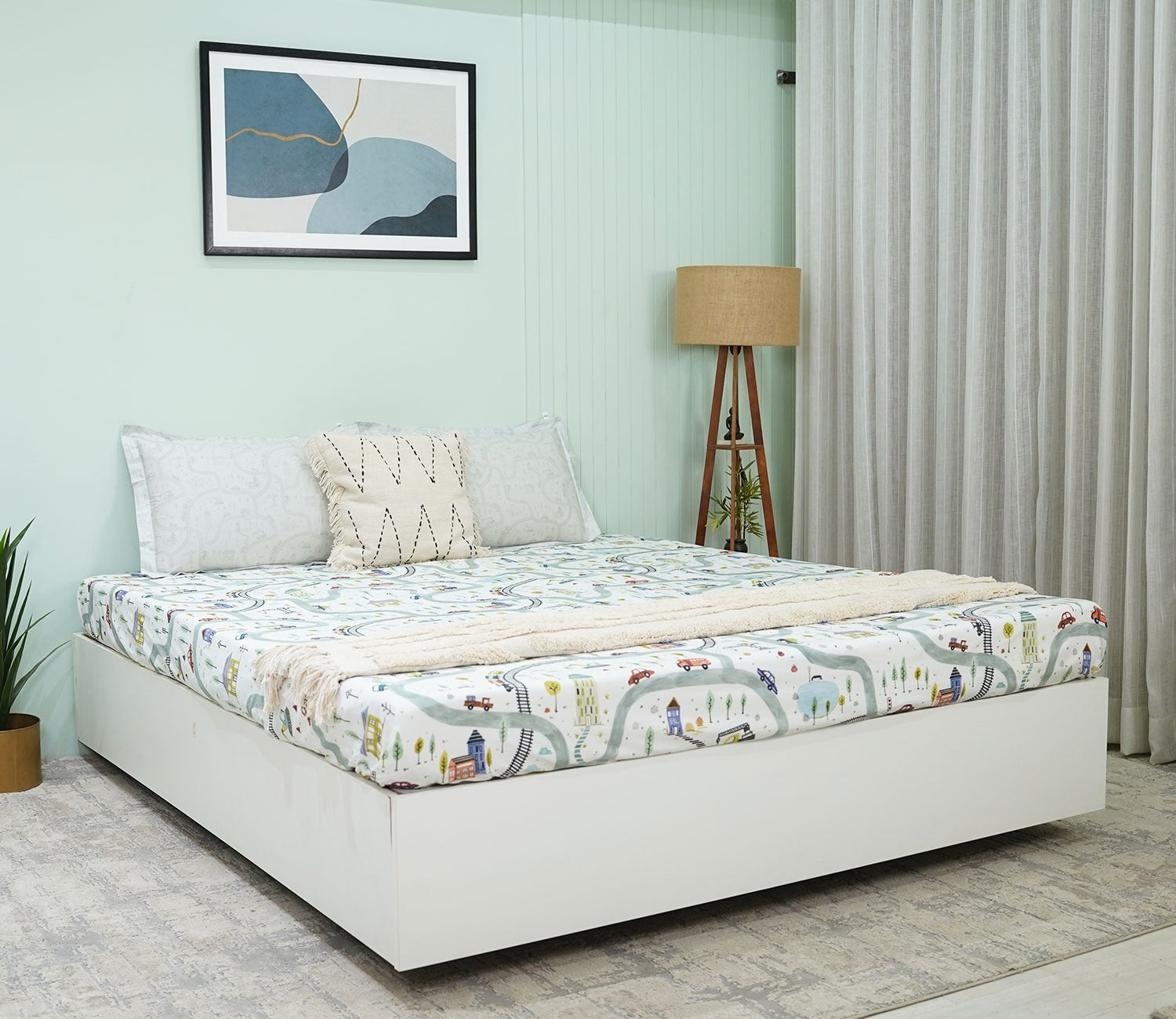 Train And Town Flat Cotton Kids Bed Sheet King Size with 2 Pillow Covers