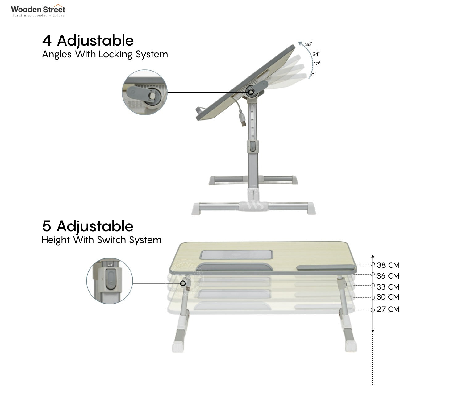Jetson Foldable Laptop Table for Bed With USB Cooling Fan, Adjustable Bed Study Table for Writing and Reading