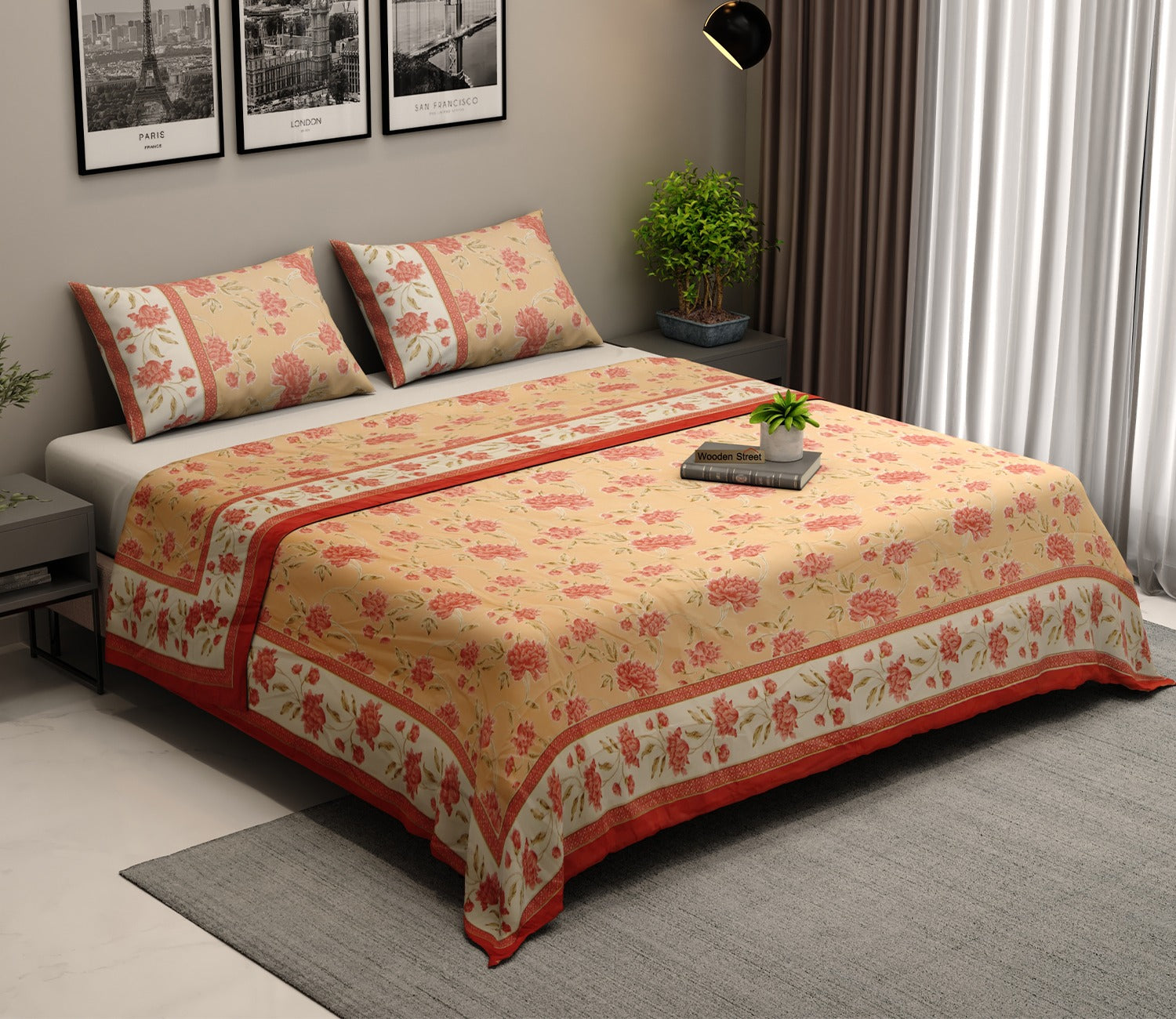 120 TC Imperial Blossoms Cotton Bedsheet King Size With 2 Pillow Cover (Peach)