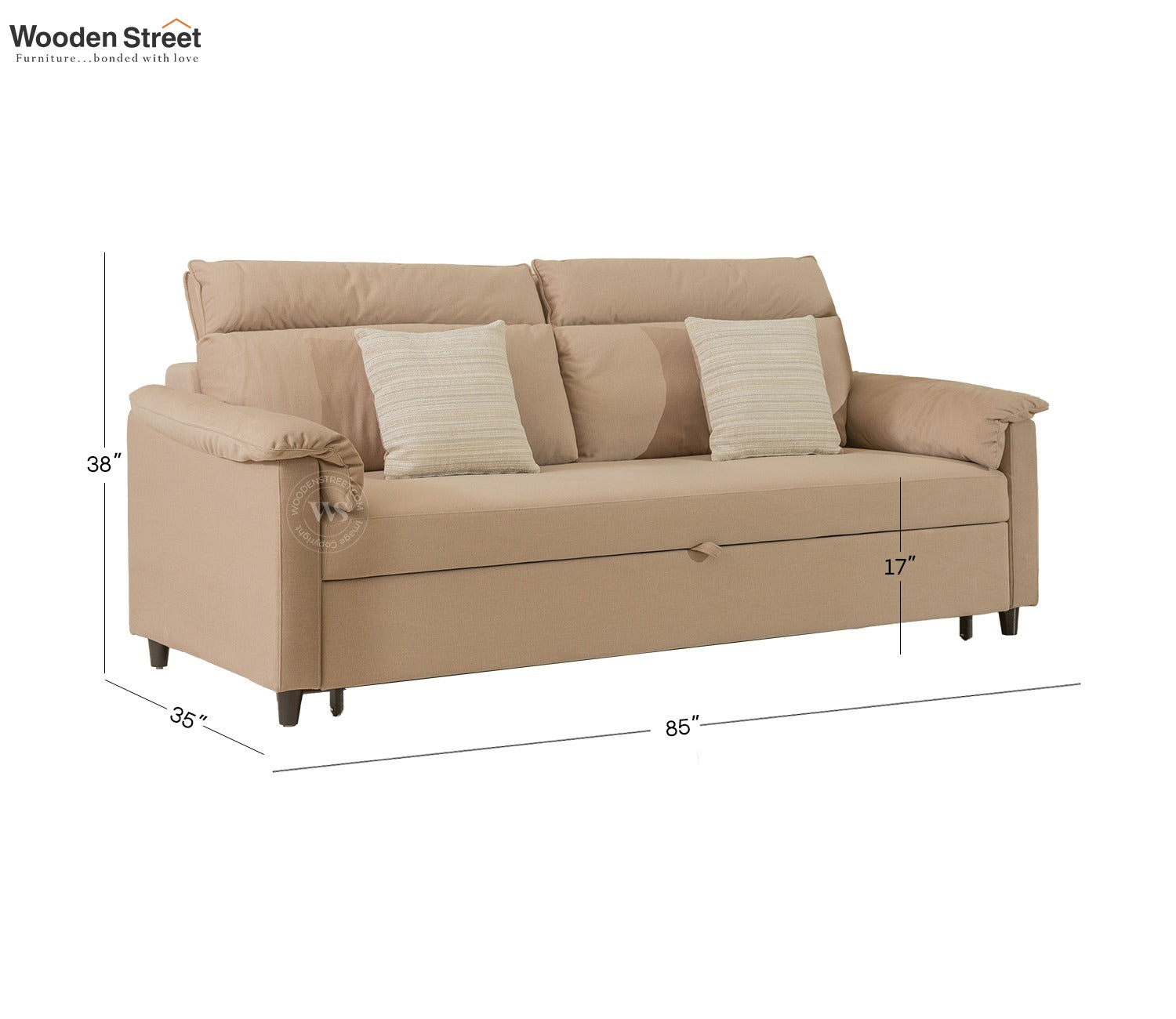 Bruna 3-Seater Convertible Sofa Cum Bed | Pull-Out Mechanism | Adjustable Backrest | Premium Fabric Upholstery | Space-Saving Design (Beige)