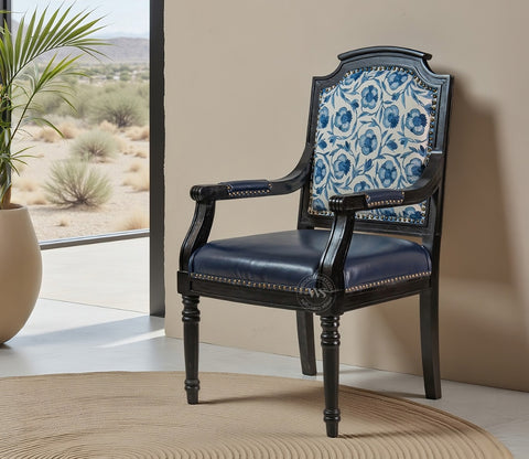 Heritage Dual Upholstery Sheesham Wood Arm Chair with Brass Detailing (Blue)