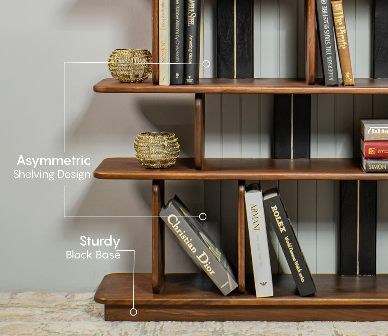 Crossroads Sheesham Wood Bookshelf with Multi-Level Open Storage (Teak Finish)