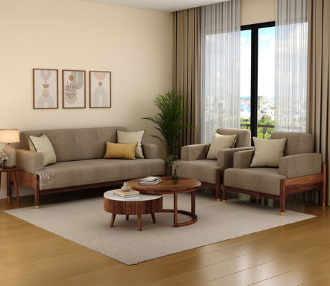 Kairav Modern 3+1+1 Wooden Sofa Set with Premium Upholstery (Pebble Beige)