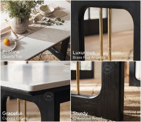 Kanak Designer 6 Seater Sheesham Wood Dining Table Set with Mishaan Quartz Top Table and Misha Chair (Black Finish)