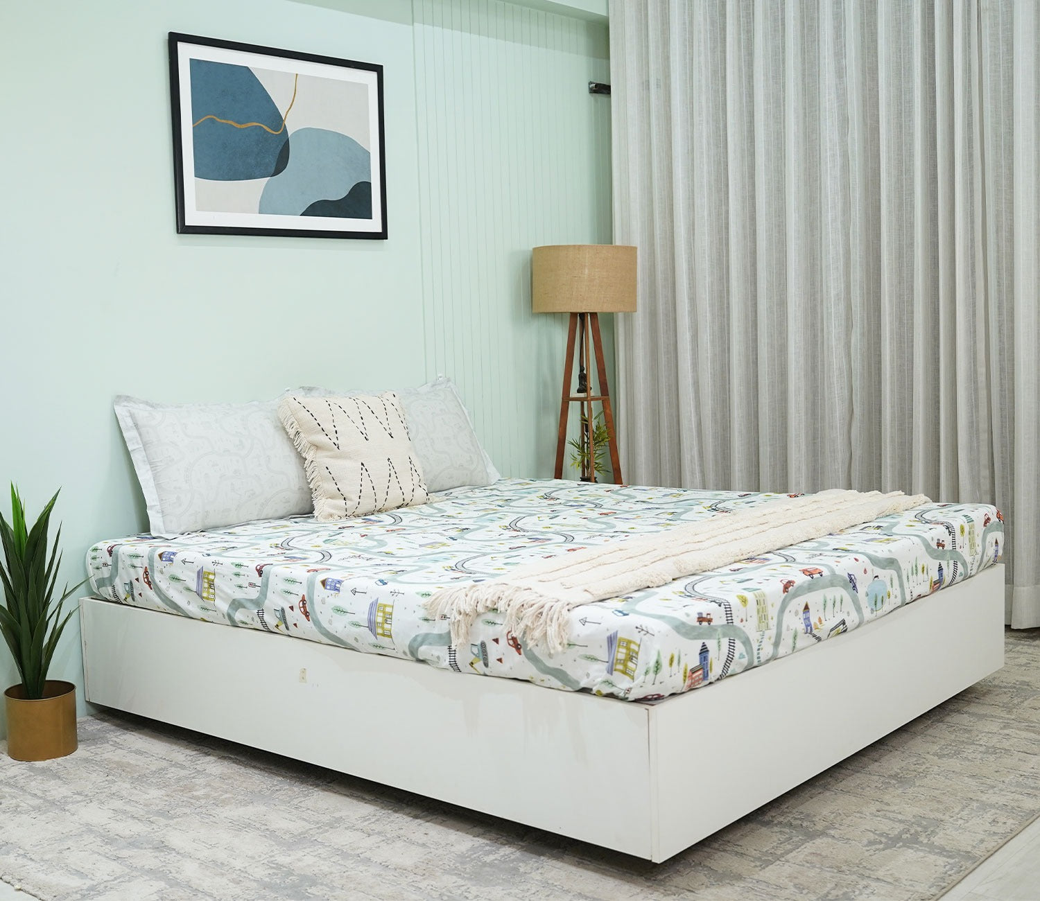 Train And Town Flat Cotton Kids Bed Sheet King Size with 2 Pillow Covers