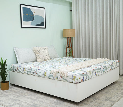 Train And Town Flat Cotton Kids Bed Sheet King Size with 2 Pillow Covers