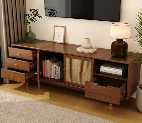 Eka Ash Wood and Cane TV Unit (Teak Finish)