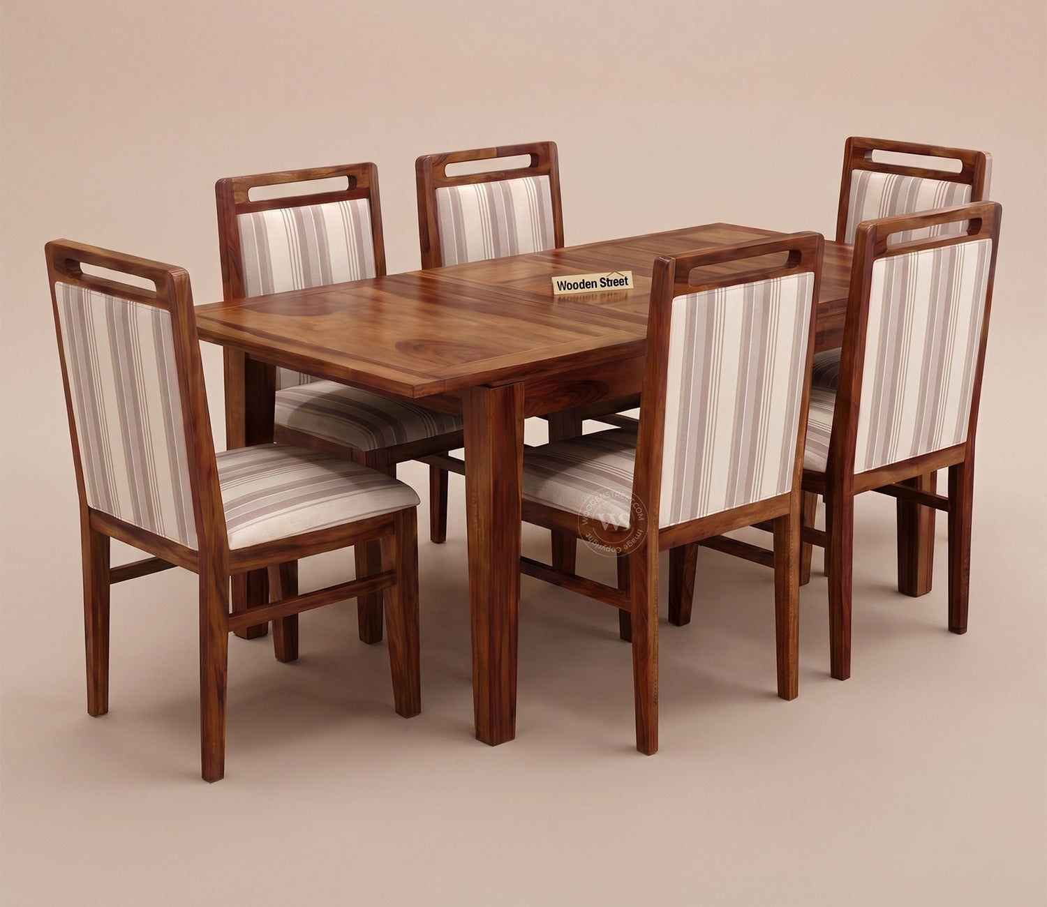 Taylor 6 Seater Dining Set with Tim Extendable Table and Hazel Dining Chair | Extendable from 4 to 6 Seater | Cream Stripe Fabric Cotton (Honey Finish)