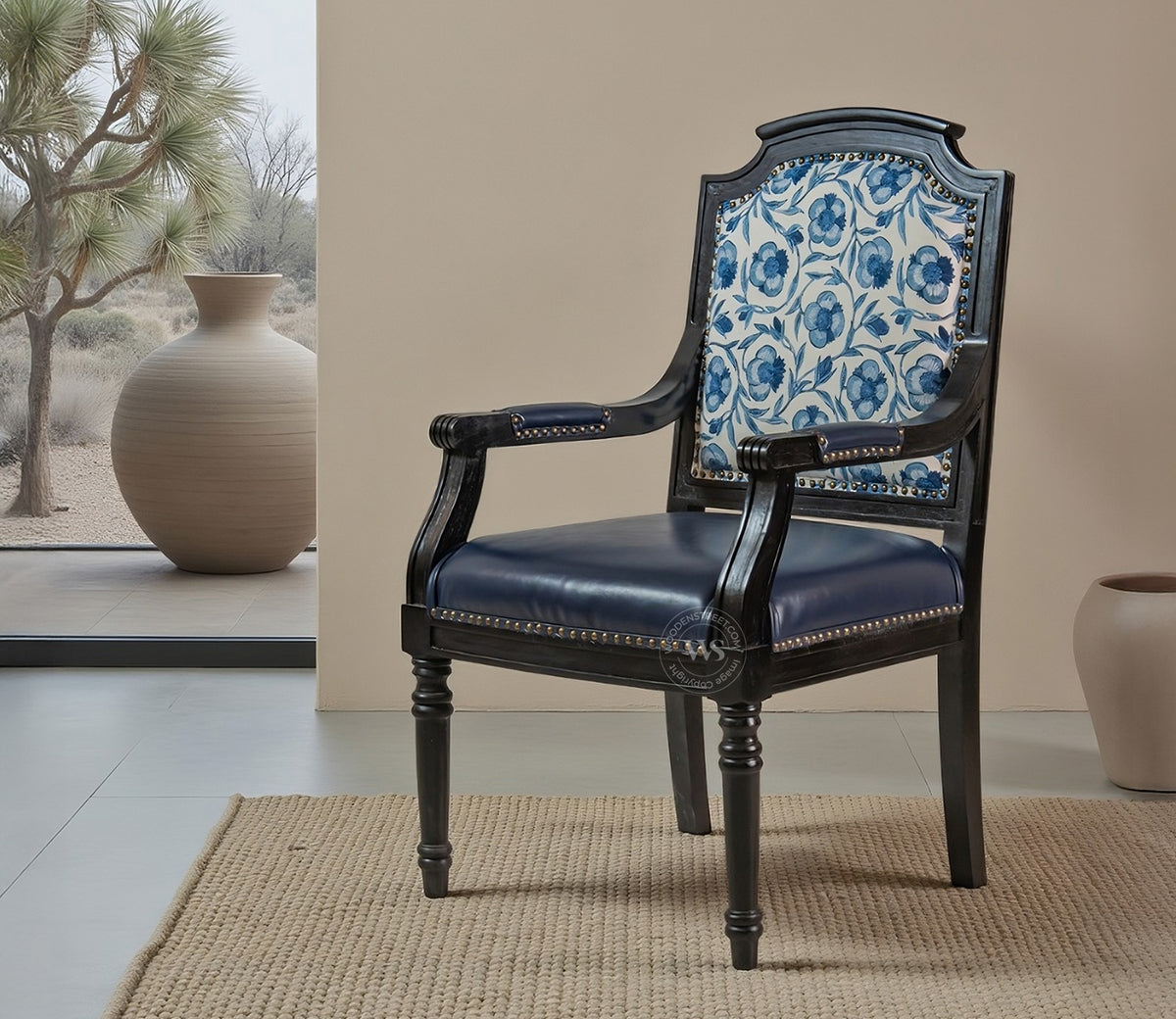 Heritage Dual Upholstery Sheesham Wood Arm Chair with Brass Detailing (Blue)