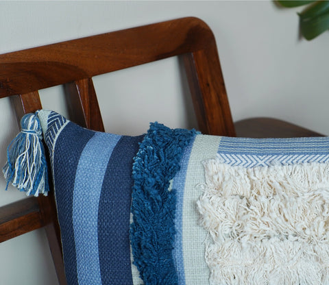 Boho Tasseled Shaded Blue Cotton Cushion Cover -14 x 20