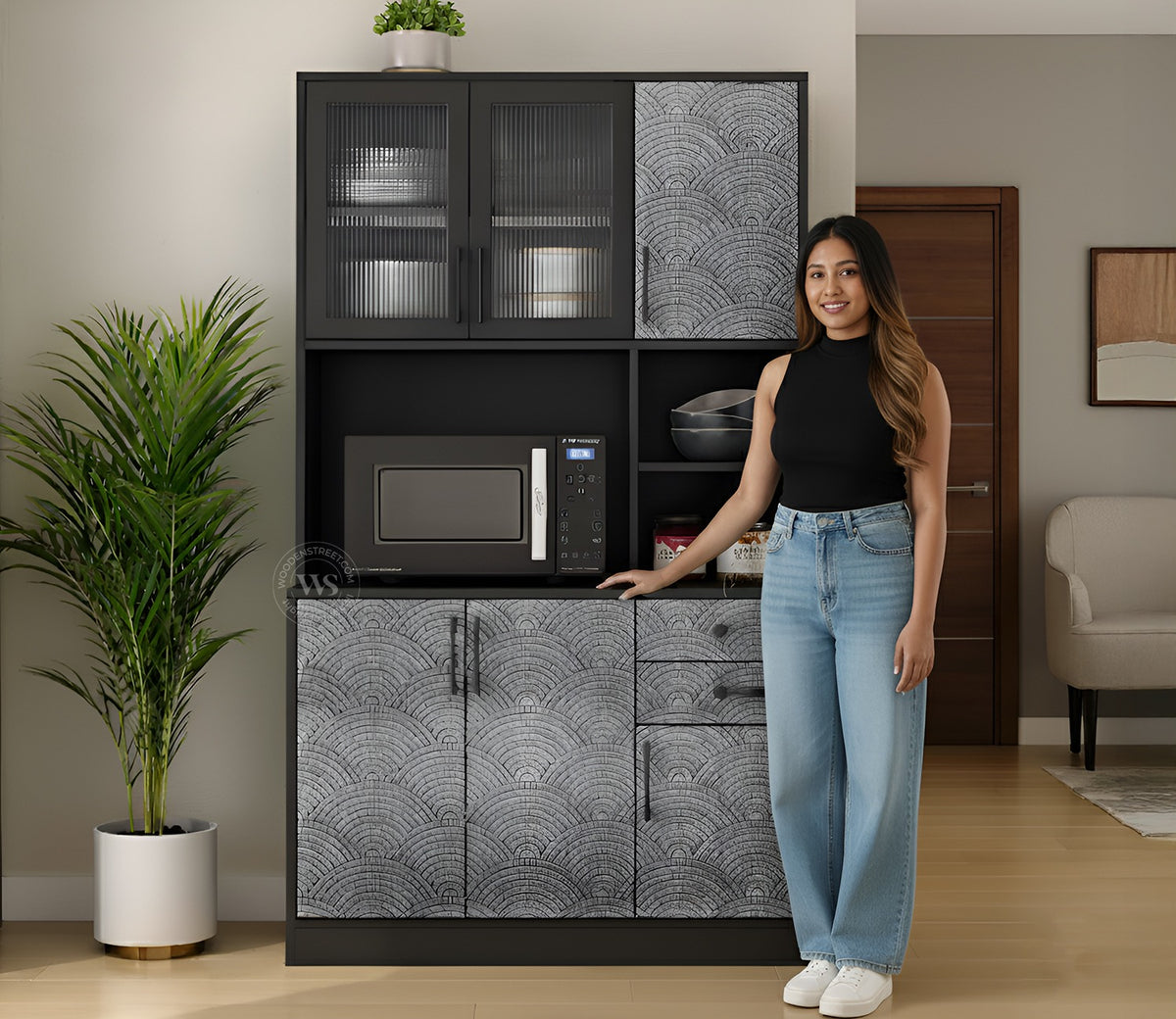 Basilic Engineered Wood Kitchen Cabinet with Textured Front & Ample Storage Space (Scallop Pattern)