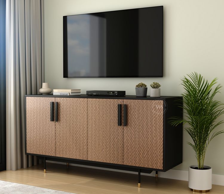 Benedict Modern 4 Door Sideboard & Cabinet with Elegant Zigzag Pattern & Matte Black Frame (Zigzag Brown)
