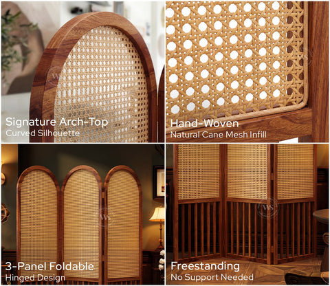Aavriti Arched Sheesham Wood Room Divider with Natural Cane Weave - Foldable 3 Panel Screen