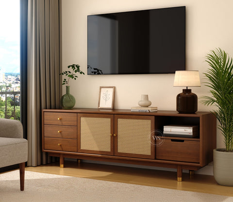 Eka Ash Wood and Cane TV Unit (Teak Finish)