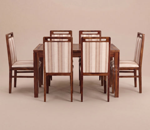 Taylor 6 Seater Dining Set with Tim Extendable Table and Hazel Dining Chair | Extendable from 4 to 6 Seater | Cream Stripe Fabric Cotton (Honey Finish)