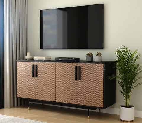 Benedict Modern 4 Door Sideboard & Cabinet with Elegant Zigzag Pattern & Matte Black Frame (Zigzag Brown)