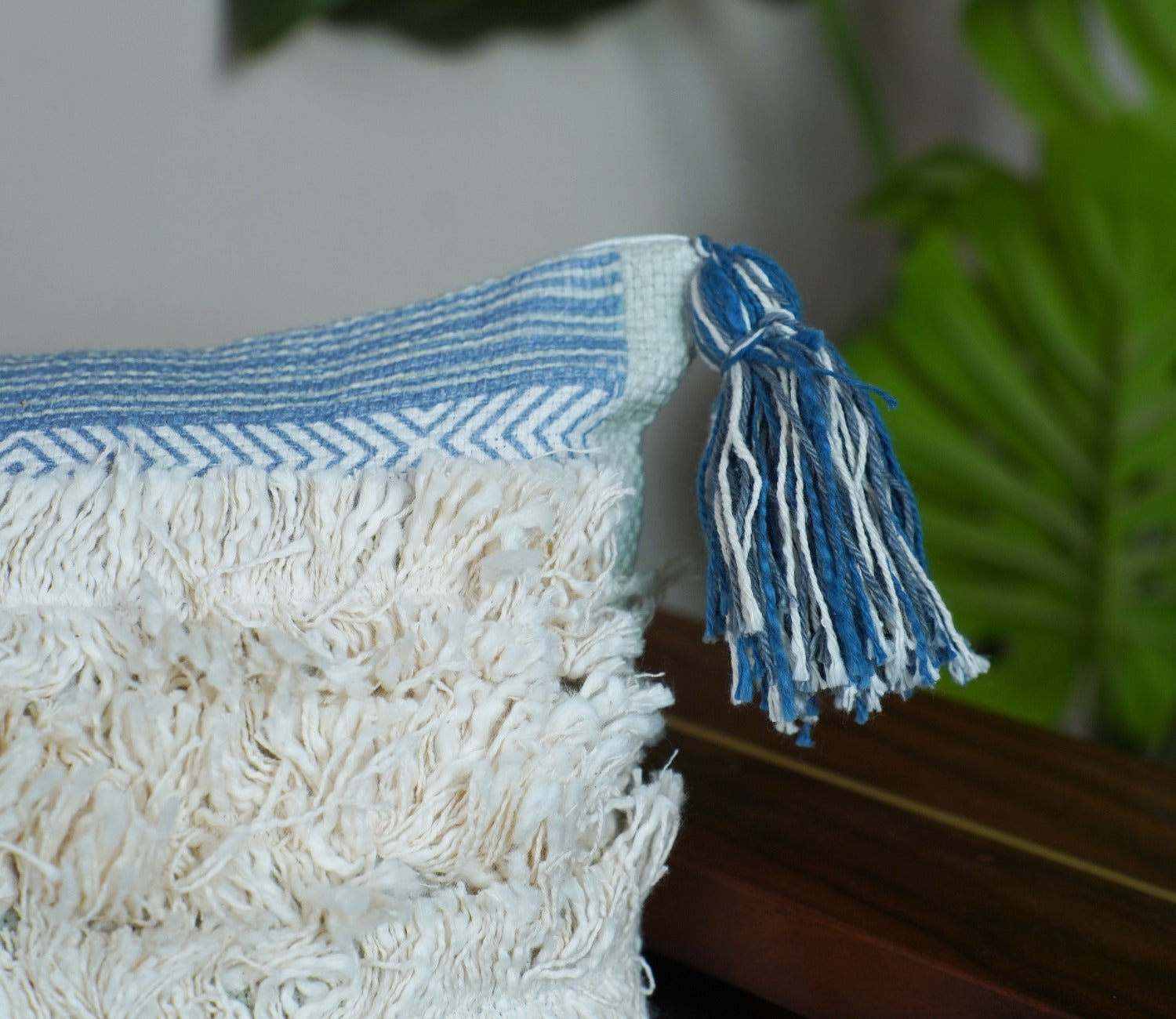 Boho Tasseled Shaded Blue Cotton Cushion Cover -14 x 20
