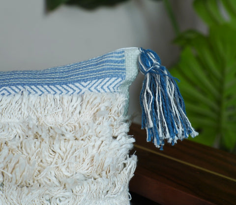 Boho Tasseled Shaded Blue Cotton Cushion Cover -14 x 20