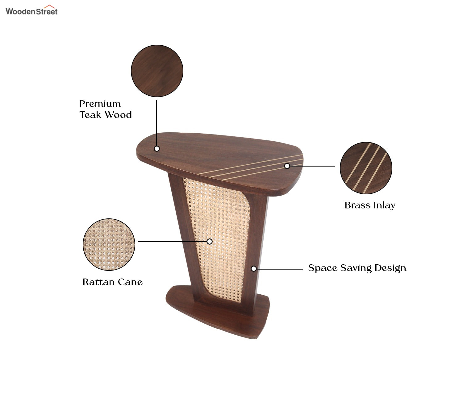 Nitya Sheesham Wood Brass Inlay Side and End Table with Cane (Walnut Finish)
