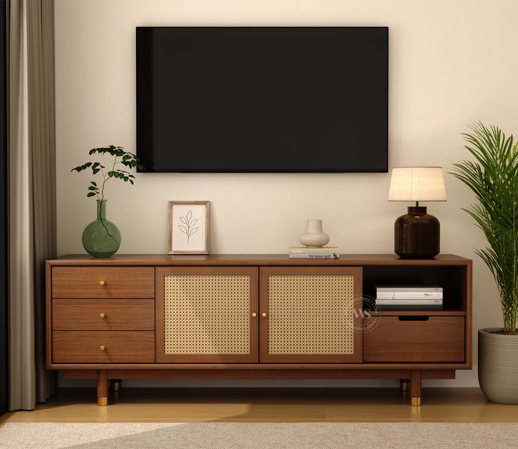 Eka Ash Wood and Cane TV Unit (Teak Finish)