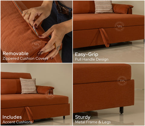 Bruna 3-Seater Convertible Sofa Cum Bed | Pull-Out Mechanism | Adjustable Backrest | Premium Fabric Upholstery | Space-Saving Design (Orange)