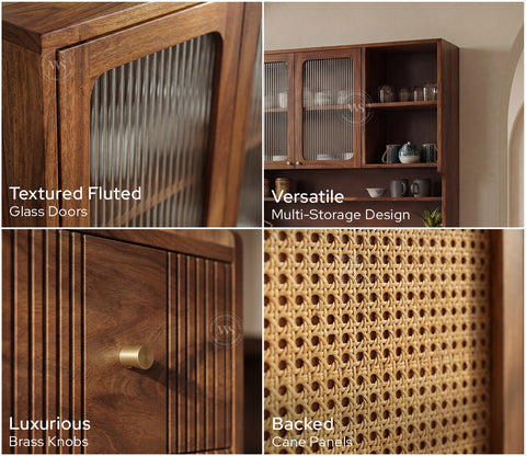 Tripti Classic Kitchen Cabinet with Fluted Glass, Cane Weave & Brass Knobs (Teak Finish)