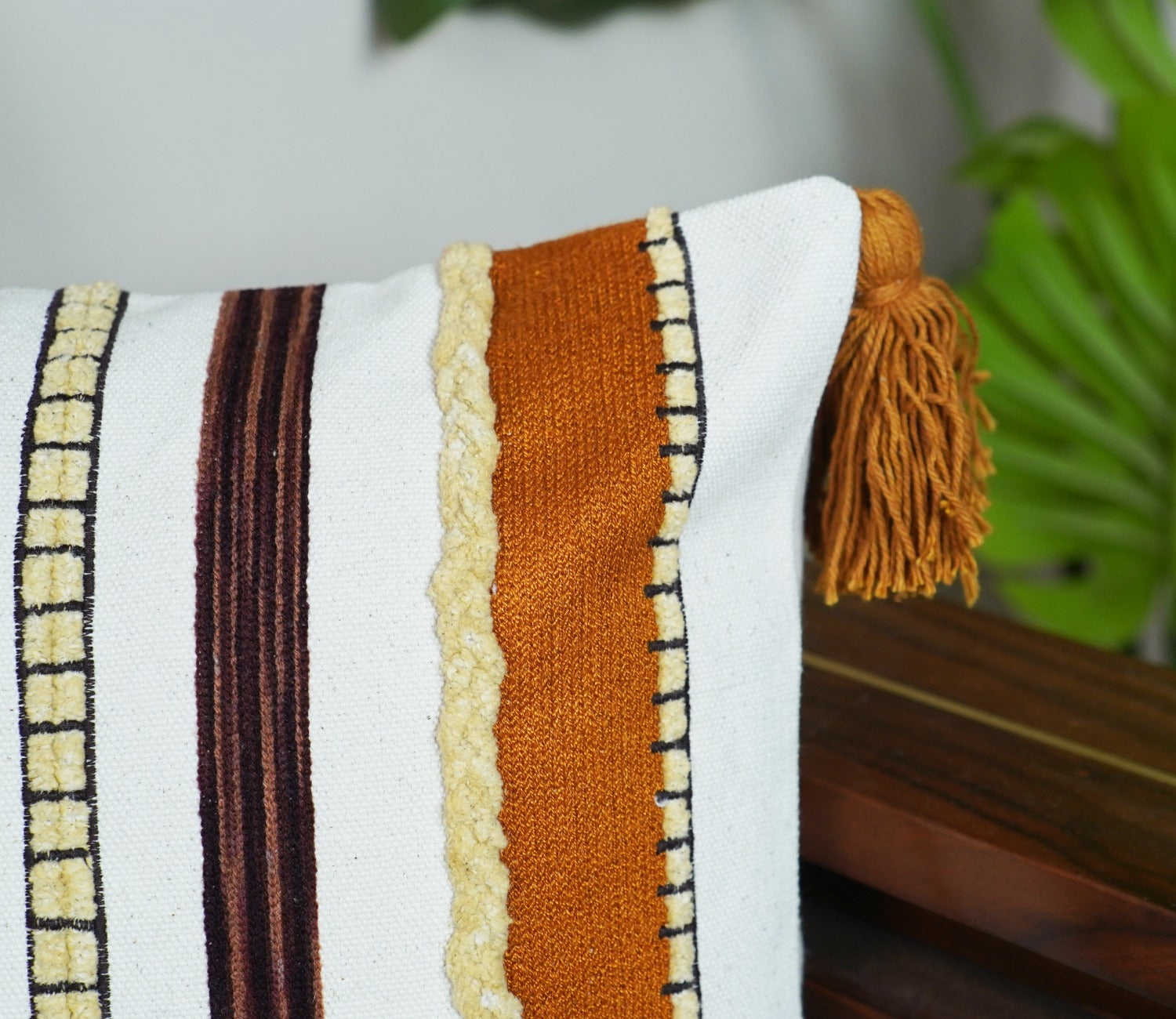 Striped Tasseled Mustard Cotton Cushion Cover -14 x 20