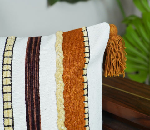 Striped Tasseled Mustard Cotton Cushion Cover -14 x 20