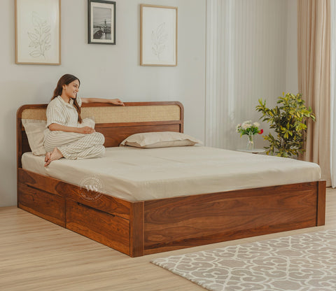 Balikos Sheesham Wood Bed with Drawer Storage and Cane Detailing (King Size, Teak Finish)