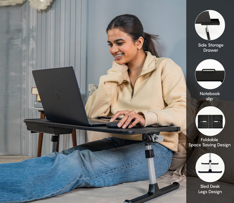 Daffy Foldable Premium Leatherette Laptop Table with Drawer | Adjustable Stand for Bed | Reading Desk for Sofa Couch (Black)