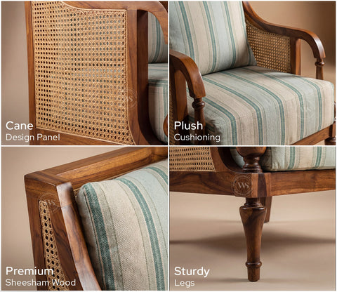Eterna Sheesham Wood Lounge Chair With Premium Upholstery & Cane Detailing (Teak Finish)