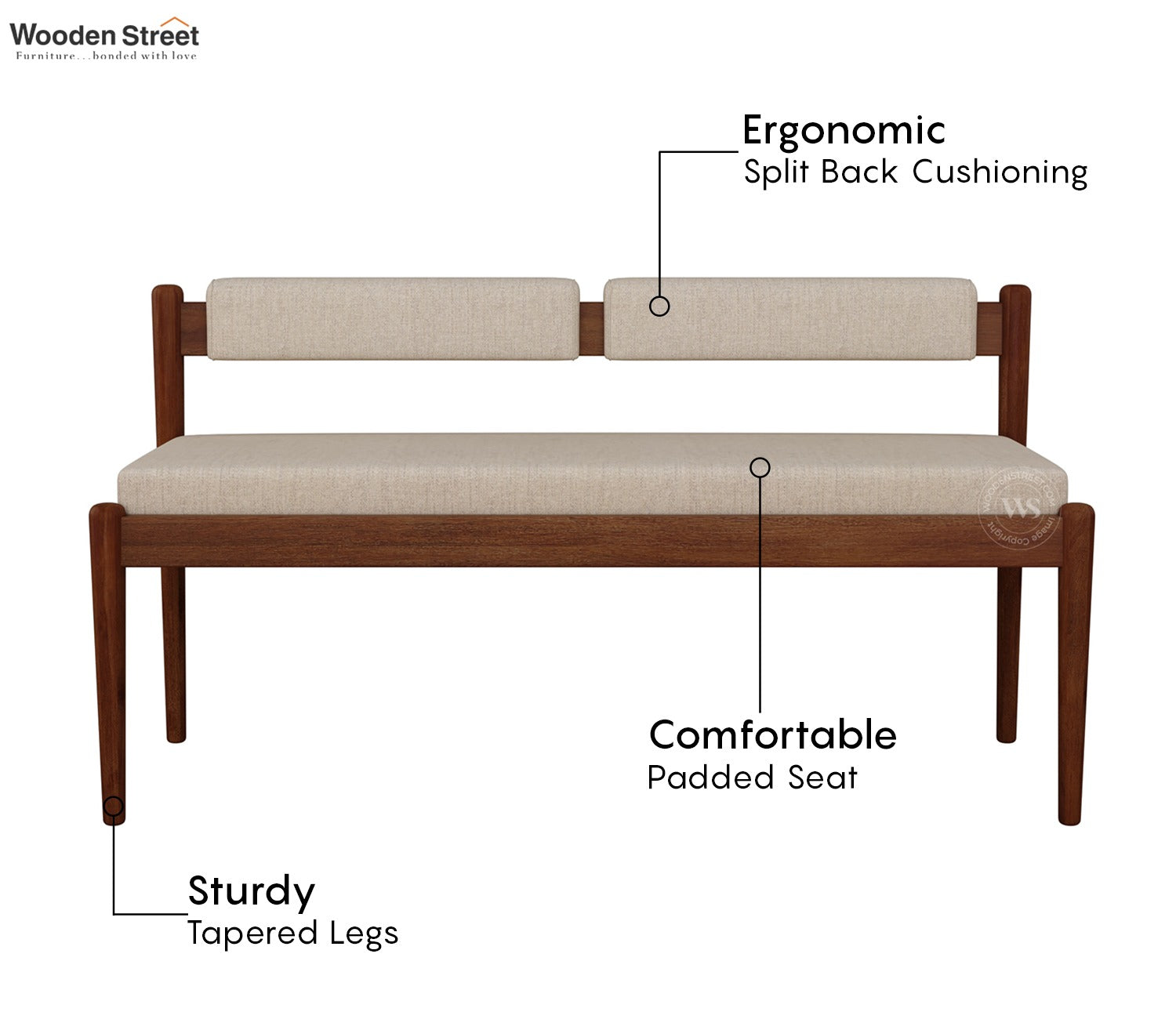 Raavi Mango Wood Upholstered Bench with Backrest (Teak Finish, Jade Ivory)