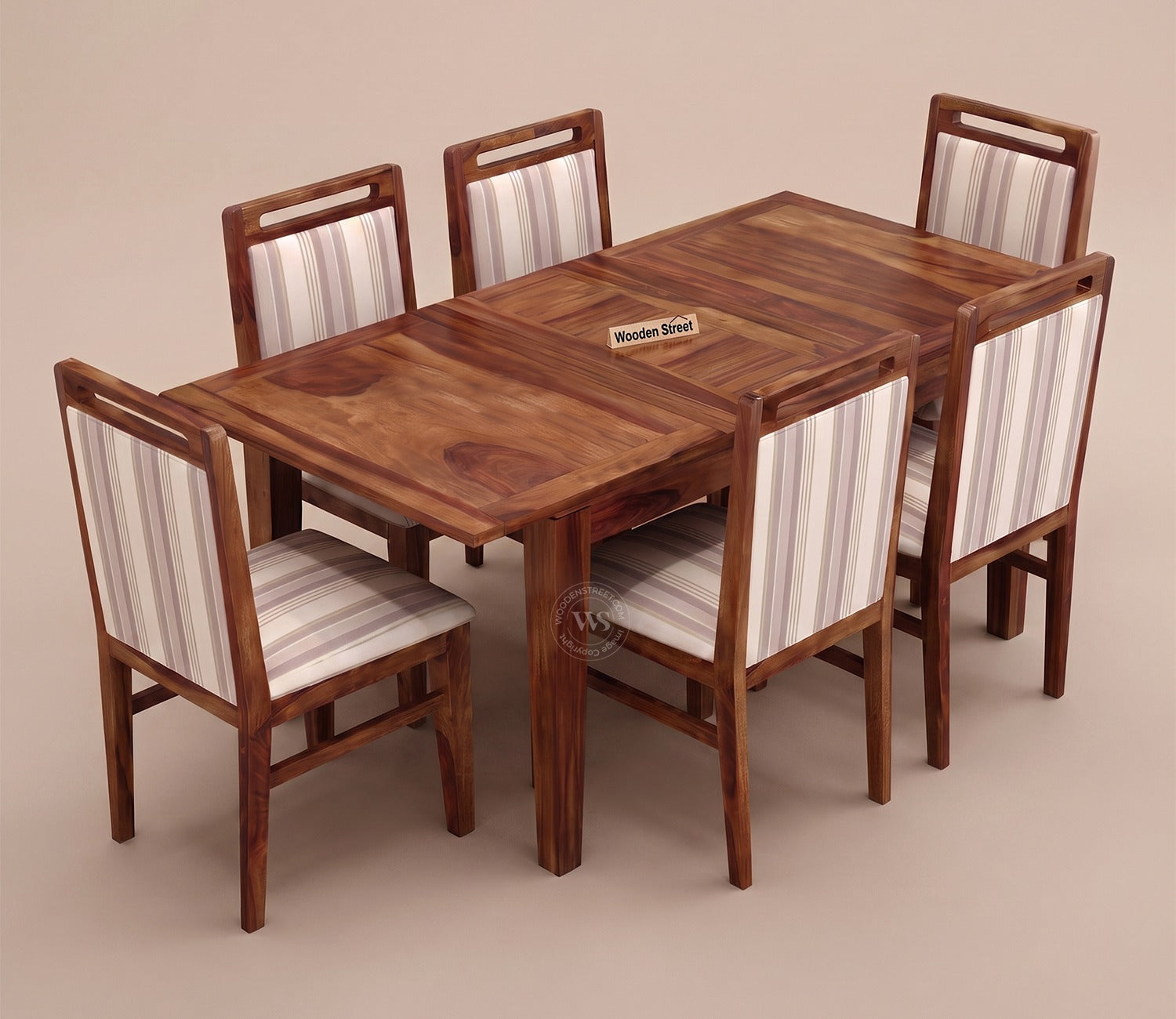 Taylor 6 Seater Dining Set with Tim Extendable Table and Hazel Dining Chair | Extendable from 4 to 6 Seater | Cream Stripe Fabric Cotton (Honey Finish)