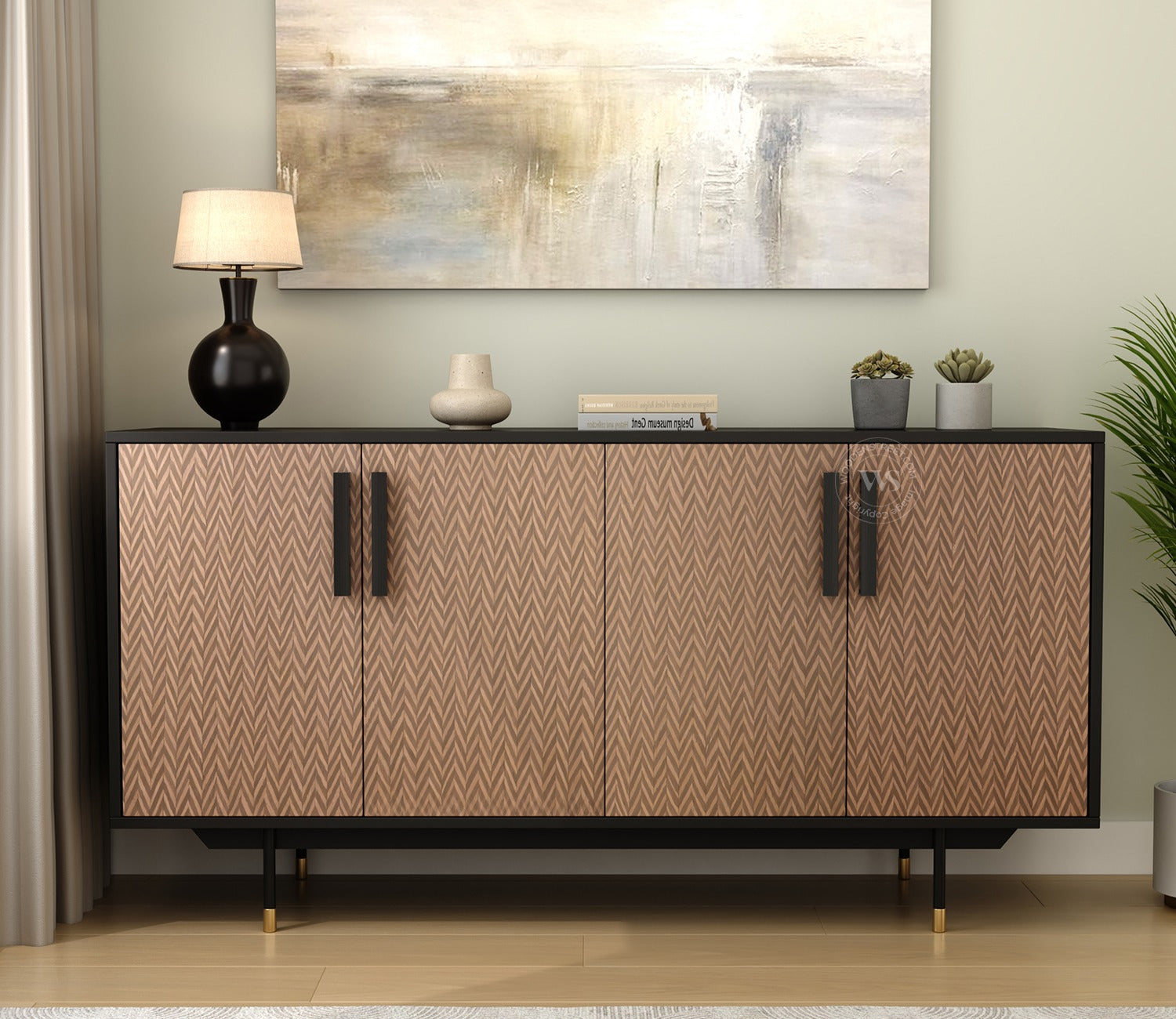 Benedict Modern 4 Door Sideboard & Cabinet with Elegant Zigzag Pattern & Matte Black Frame (Zigzag Brown)