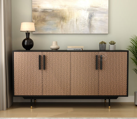 Benedict Modern 4 Door Sideboard & Cabinet with Elegant Zigzag Pattern & Matte Black Frame (Zigzag Brown)
