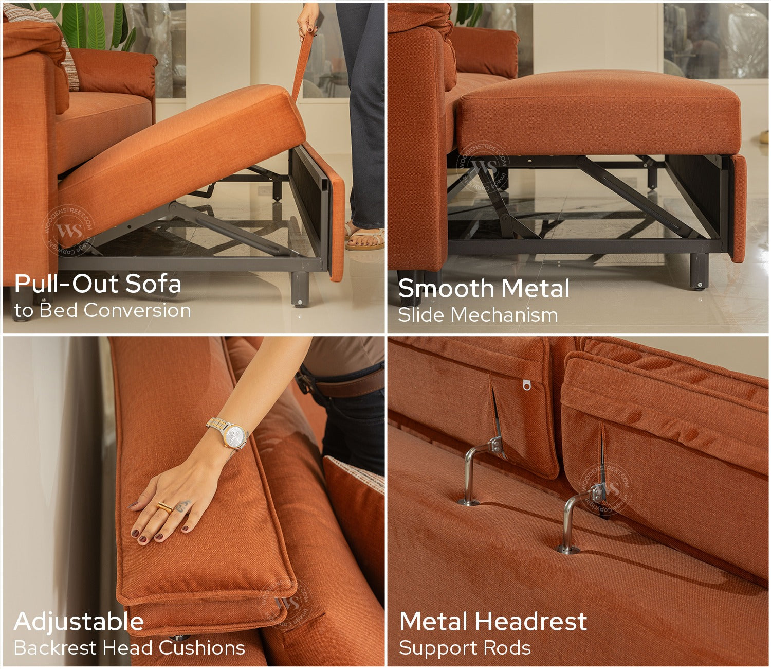 Bruna 3-Seater Convertible Sofa Cum Bed | Pull-Out Mechanism | Adjustable Backrest | Premium Fabric Upholstery | Space-Saving Design (Orange)