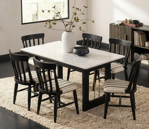 Kanak Designer 6 Seater Sheesham Wood Dining Table Set with Mishaan Quartz Top Table and Misha Chair (Black Finish)
