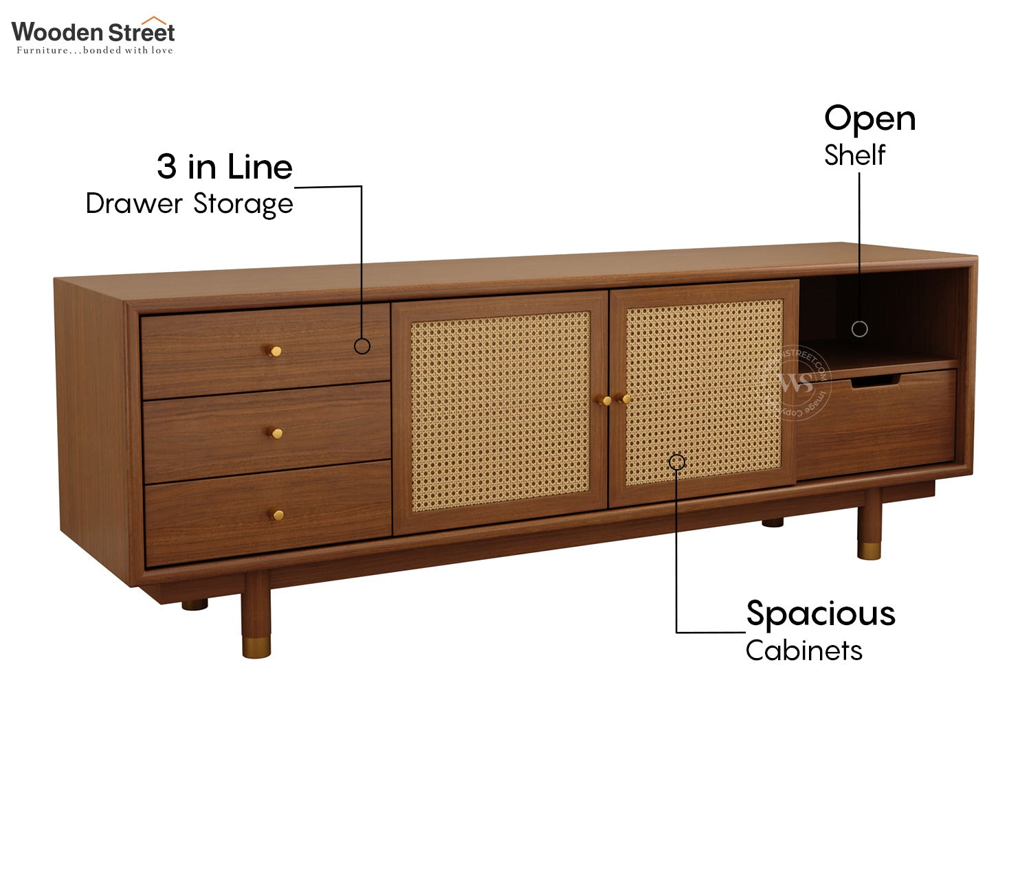Eka Ash Wood and Cane TV Unit (Teak Finish)