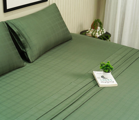 Dobby Checks Organic Bamboo 300 TC 2 Pillowcases and 1 Fitted Bedsheet (Green, Queen Size)