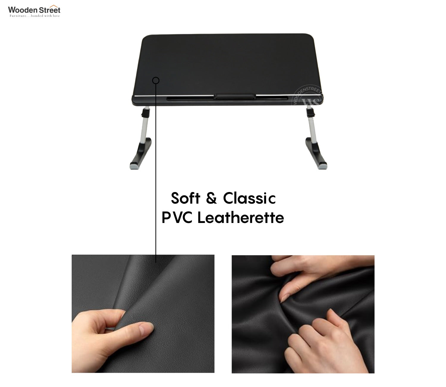 Daffy Foldable Premium Leatherette Laptop Table with Drawer | Adjustable Stand for Bed | Reading Desk for Sofa Couch (Black)