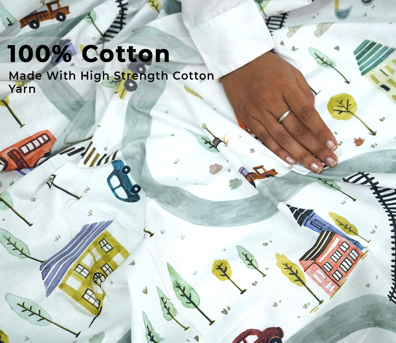 Train And Town Flat Cotton Kids Bed Sheet King Size with 2 Pillow Covers