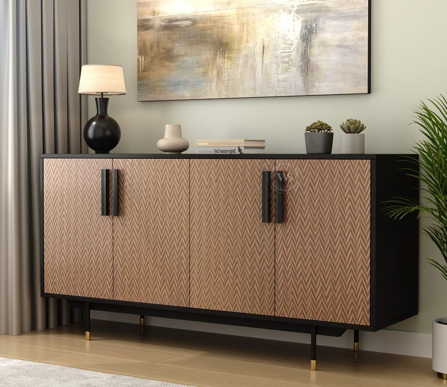 Benedict Modern 4 Door Sideboard & Cabinet with Elegant Zigzag Pattern & Matte Black Frame (Zigzag Brown)