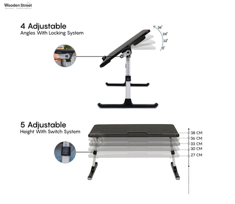 Daffy Foldable Premium Leatherette Laptop Table with Drawer | Adjustable Stand for Bed | Reading Desk for Sofa Couch (Black)