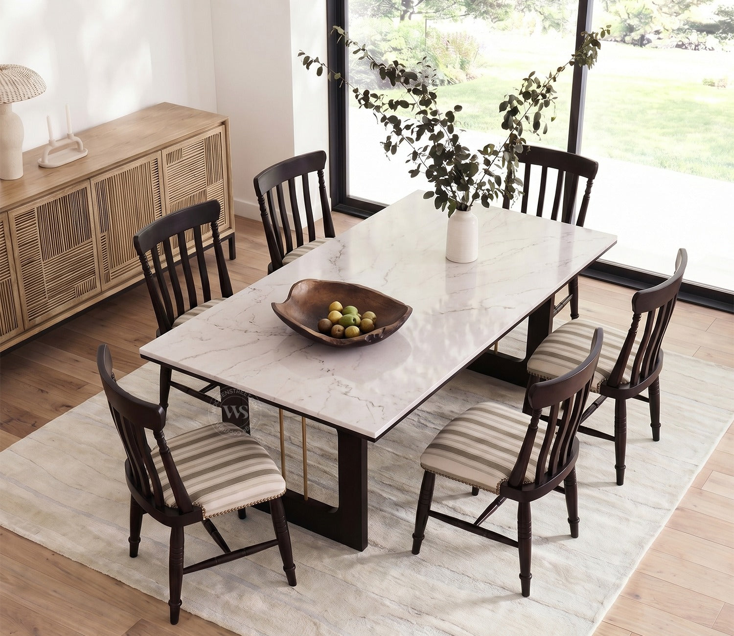 Kanak Designer 6 Seater Sheesham Wood Dining Table Set with Mishaan Quartz Top Table and Misha Chair (Black Finish)