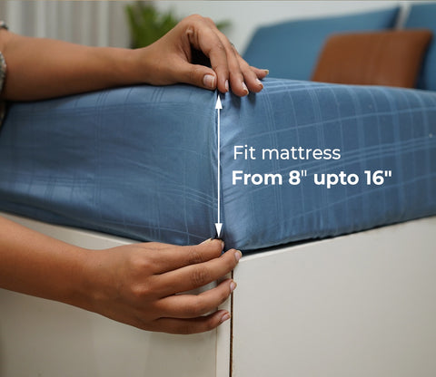 Dobby Checks Organic Bamboo 300 TC 2 Pillowcases and 1 Fitted Bedsheet (Blue, King Size)