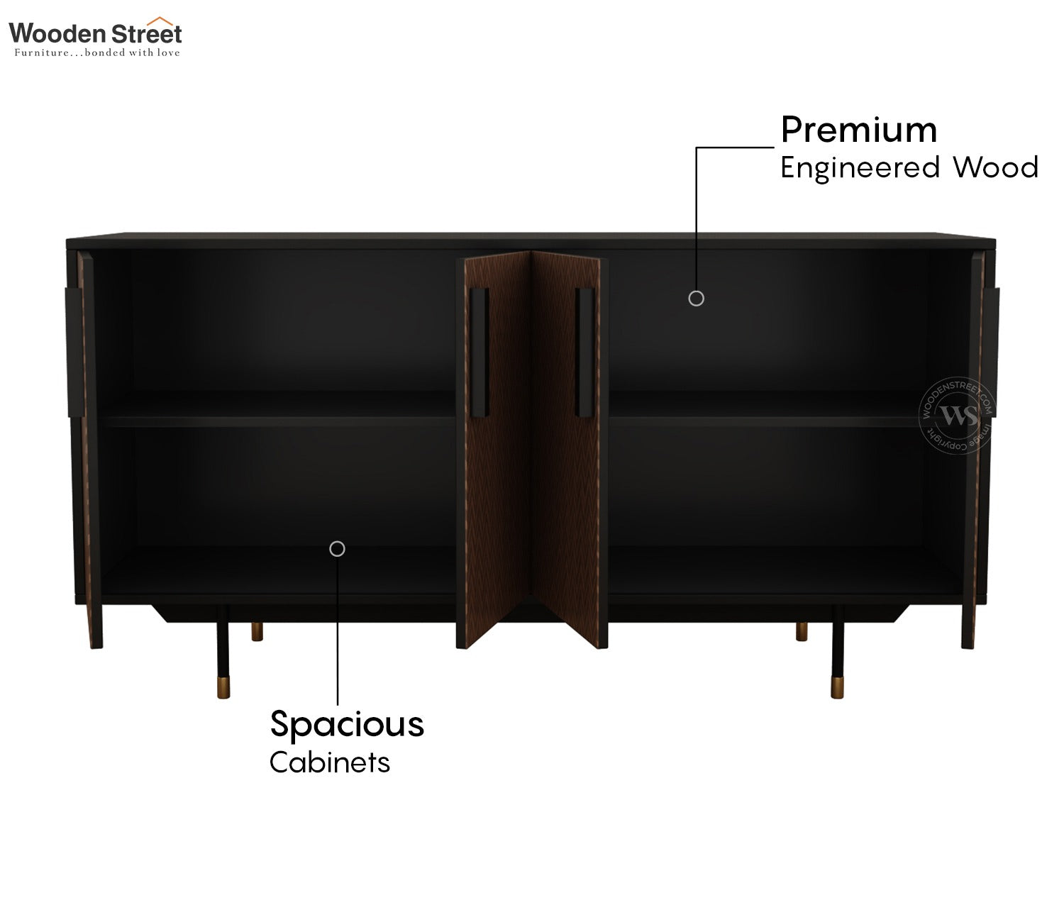 Benedict Modern 4 Door Sideboard & Cabinet with Elegant Zigzag Pattern & Matte Black Frame (Zigzag Brown)