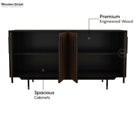 Benedict Modern 4 Door Sideboard & Cabinet with Elegant Zigzag Pattern & Matte Black Frame (Zigzag Brown)