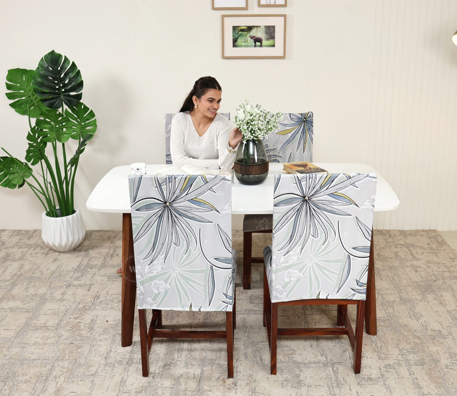 Cassia Floral Printed Polyester Spandex 4 Piece Chair Cover (Grey)