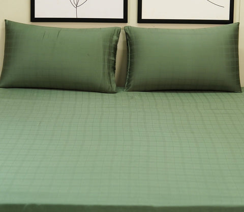 Dobby Checks Organic Bamboo 300 TC 2 Pillowcases and 1 Fitted Bedsheet (Green, Queen Size)