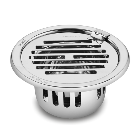 Trueliving_Classic Round Silver 304-Grade Floor Drain with Collar, Hinge & Cockroach Trap (5 Inches)